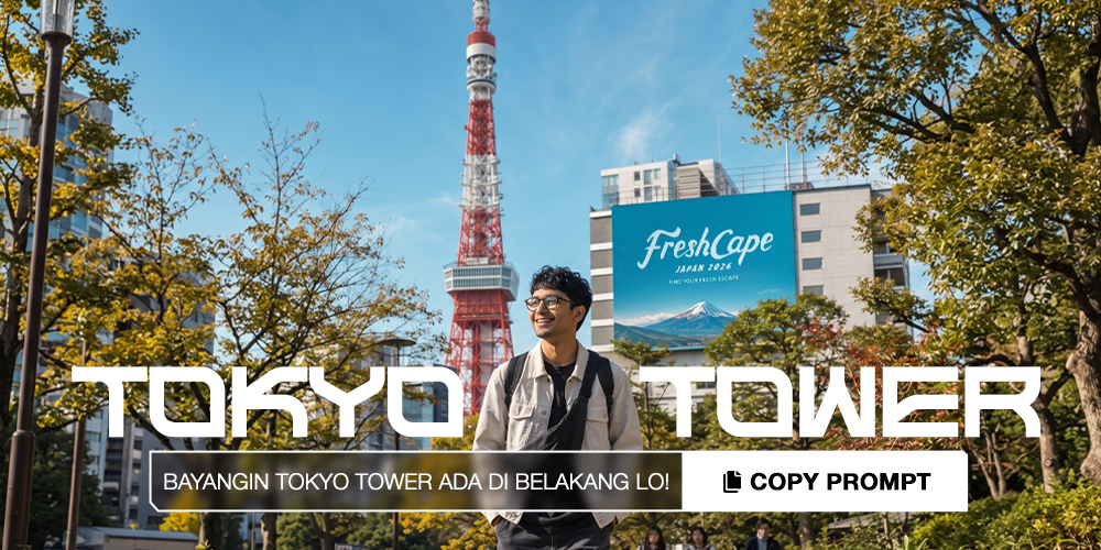Gunakan foto yang diunggah sebagai referensi orangnya. Buat foto realistis yang memperlihatkan saya sedang menikmati pengalaman FRESHCAPE di Jepang. Saya sedang berjalan di taman dengan latar Tokyo Tower yang megah, tersenyum natural sambil menikmati suasana kota, mengenakan outfit fashionable khas traveler. Di dekat area jalan terdapat billboard besar bertuliskan FRESHCAPE. Gaya fotografi travel ultra realistis dengan pencahayaan sinematik, detail tinggi, komposisi portrait rasio 3:4, hanya satu foto, tanpa kolase.
